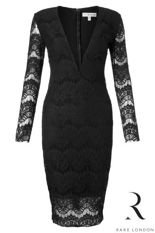 Rare Long Sleeve Lace Plunge Midi Dress